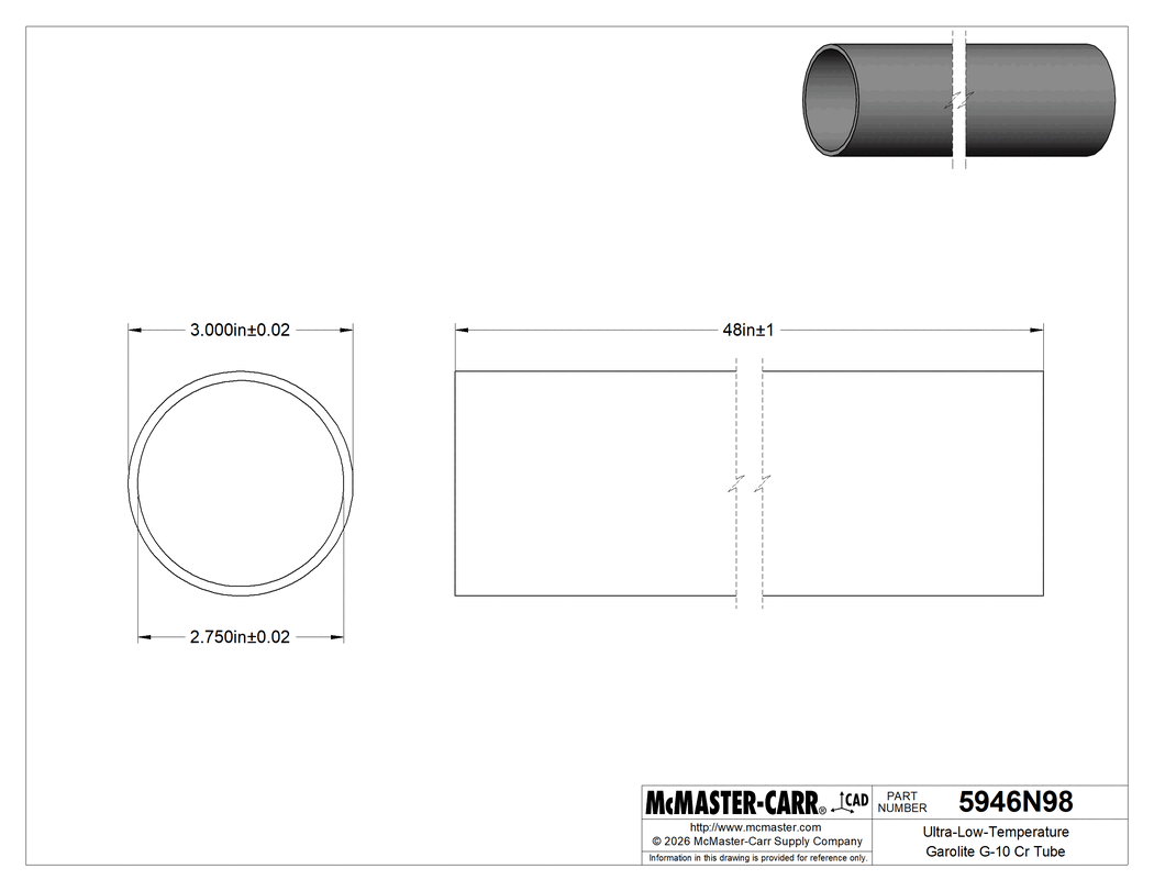 Technical Drawing of Ultra-Low-Temperature Garolite G-10 Cr Tube, 1/8" Wall Thickness, 3" OD, 48" Long.